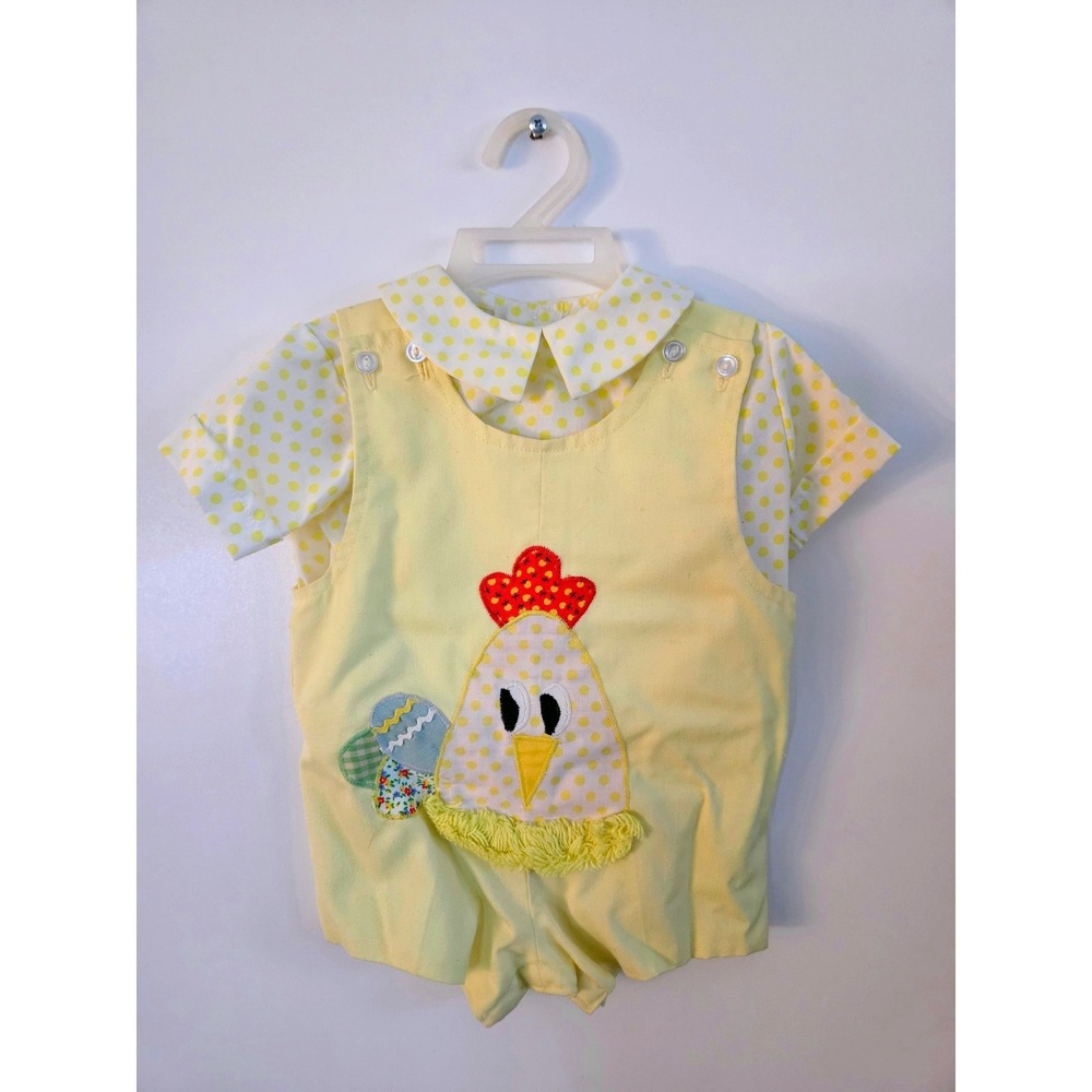 Funtasia Too Chicken Applique Bubble Romper Yellow Polka Dot Toddler Size M VTG